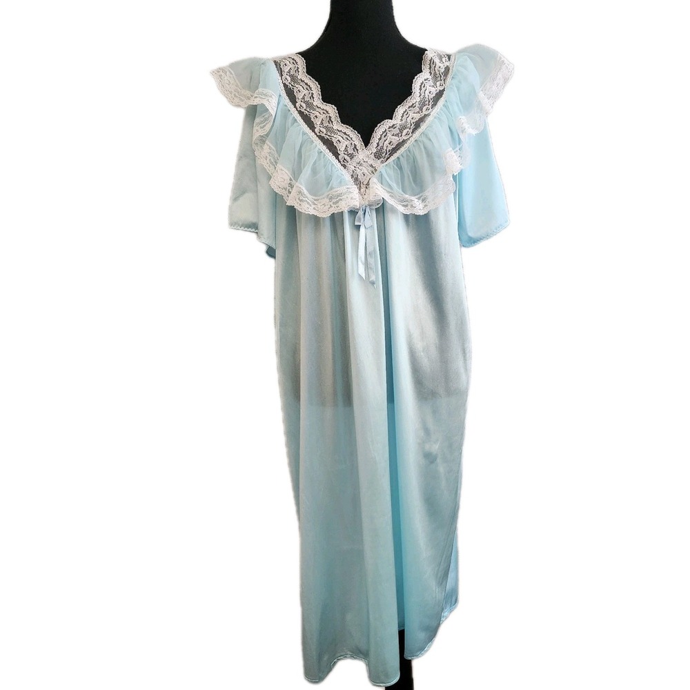 Vintage 80s Romantic Moods Nylon Nightgown Lace Trim Blue Ruffle SZ M Cottagecor